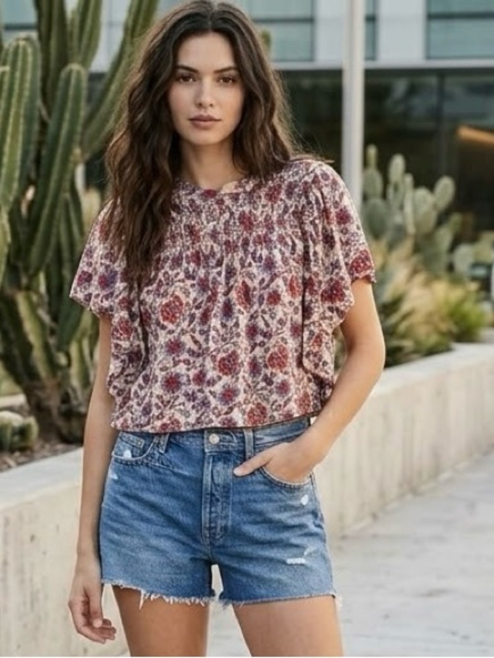 Free People Boho Floral Smocked Blouse in Cream, Red & Blue